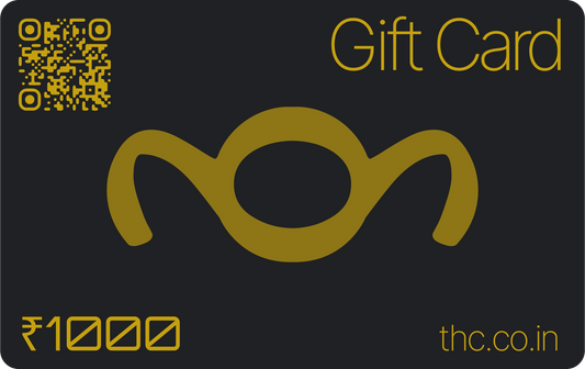 Gift card for INR 1000 with the THC logo, thc.co.in mark, and a QR code on a black background.