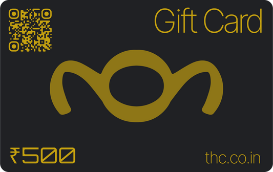 Gift card for INR 500 with the THC logo, thc.co.in mark, and a QR code on a black background.