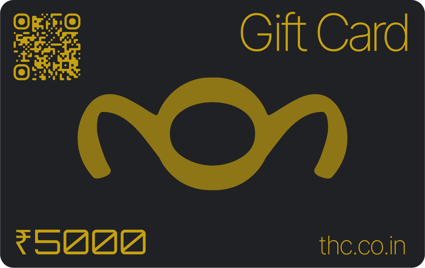 Gift card for INR 5000 with the THC logo, thc.co.in mark, and a QR code on a black background.